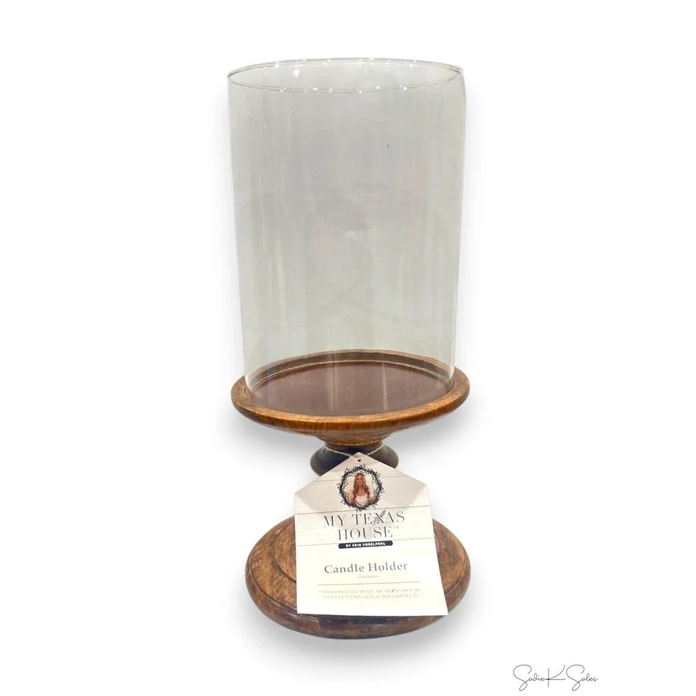 My Texas House Fall Large Wood and Glass Hurricane Candle Holder, Brown, 12in